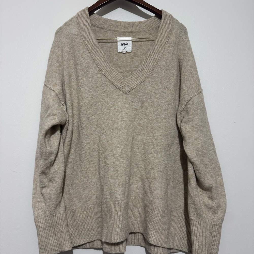 Aerie Unreal V Neck Sweater Womens Size Large Beige Oversized Long Sleeve